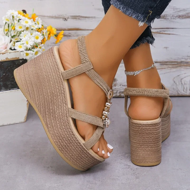 Women\'s Shoes 2024 Summer High Quality Women\'s Sandals Fashionable One-Piece Solid Color Roman Wedge Women\'s High Heels