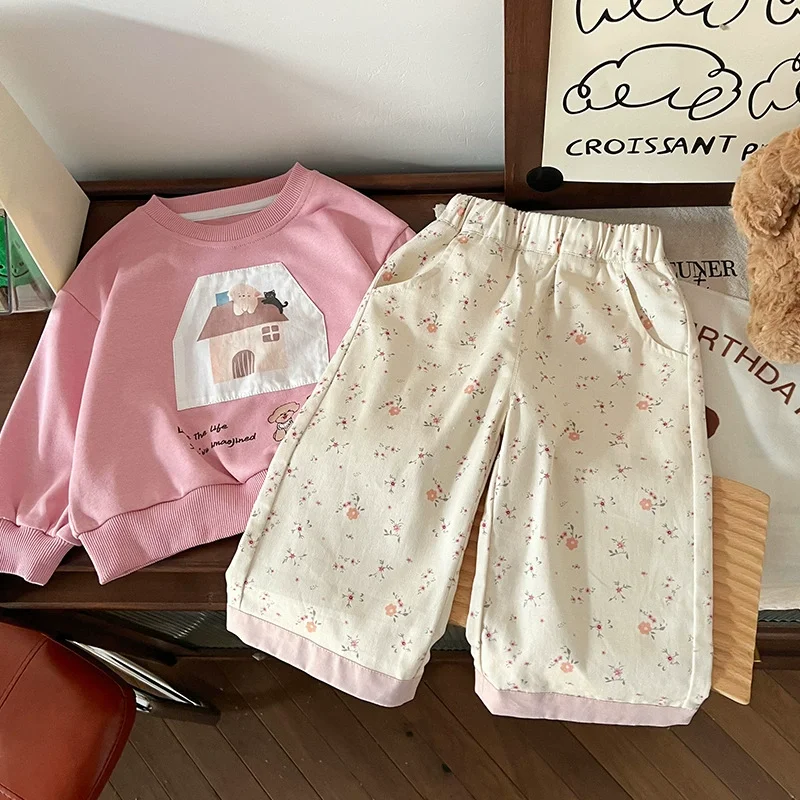 UNITIM Spring Autumn Kids Girls 2PCS Clothes Set Cartoon Dog Patched Tops Floral Pocket Wide Leg Pants Suit Toddler Girl Outfits