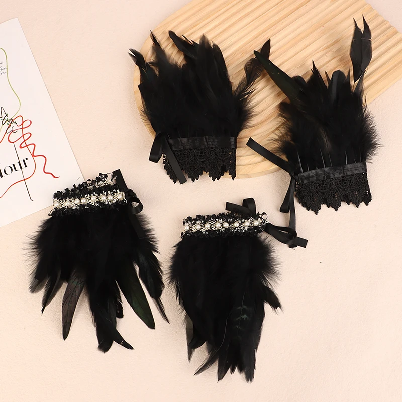 Muñequeras de plumas negras, puños de plumas góticos Punk Retro Vintage para mujer y hombre, fiesta de Halloween, disfraz gótico Rave, accesorio de Cosplay