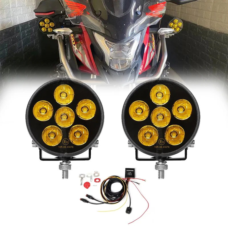 Round 30W Motorcycle Spotlights Front Fog Headlight LED Driving Lights With Horn Wire Flashing Light For Honda BMW R1200GS F800G