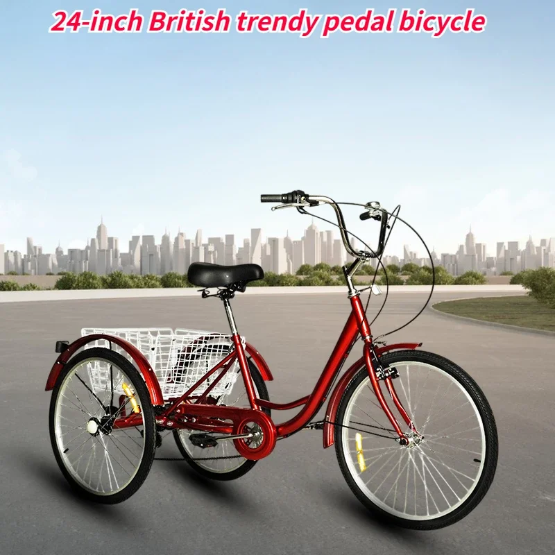 Vélo à trois roues avec panier de rangement, tricycle à pédales britannique, vélo à trois roues avant et arrière, 24 pouces