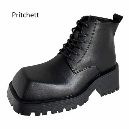 Black Square Toe Work Shoes Men's Motorcycle Boots British Style Thick Bottom Women's Ankle Boots Lace Up Couple Shoes for Men