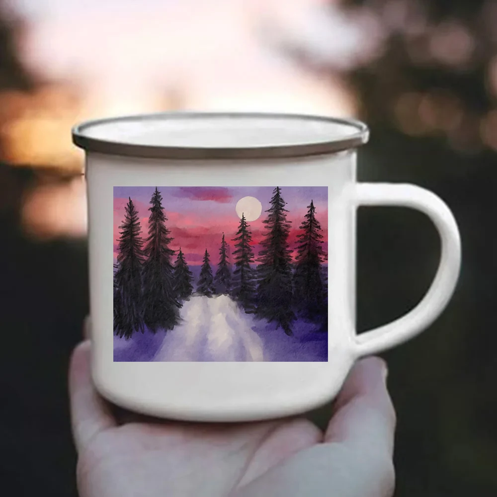 Natural Scenery Print Enamel Mugs Coffee Mug Camping Picnicking Mugs Hiking Water Cup Juice Tea Cups Gift Cup for Family Friends