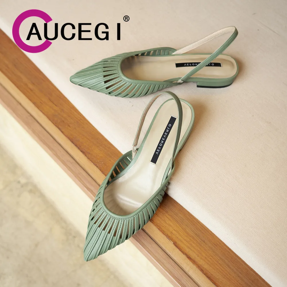 

Aucegi New Summer Women Handmade Quality Leather Sandals Pointed Toe Leisure Low Heel Hollow Out Party Dress Casual Shoes 34-40
