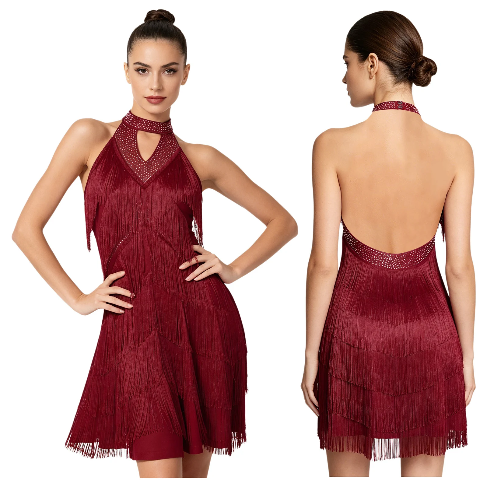 Vestido de baile latino para mujer, con pedrería, cuello halter, sin espalda, con volantes y flecos, para flamenco, samba, salsa, rumba, baile de salón