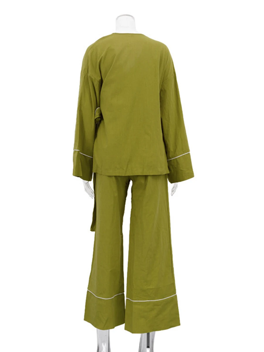 TWOTWINSTYLE Green Two Piece Sets for Women V Neck Long Sleeve Piping Tie Tops Wide Leg Pants for Summer Casual Commute Style