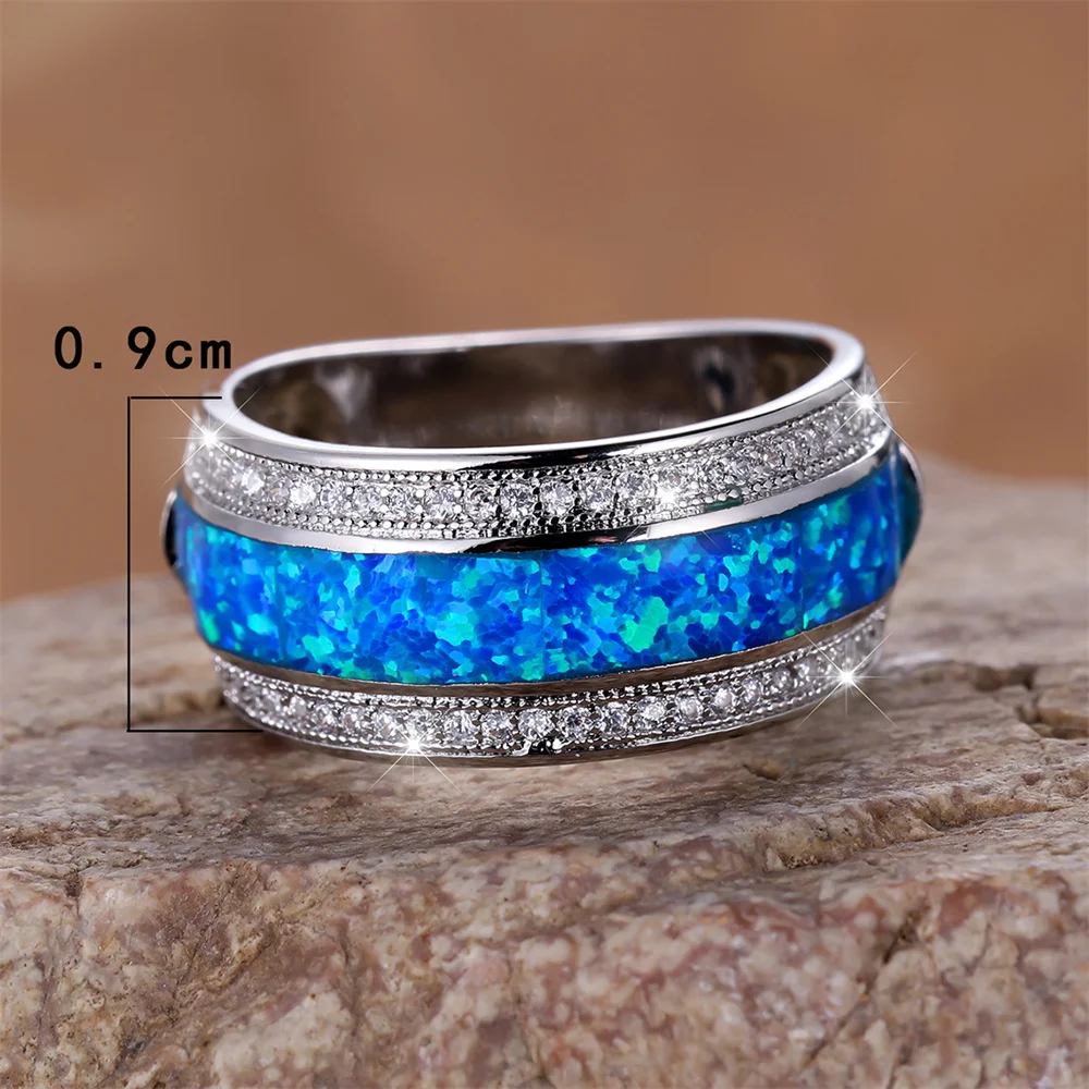 Stylish Blue Fire Opal Stone Rings For Women Classic Silver Color Wedding Band Engagement Jewelry Female Birthday Gifts