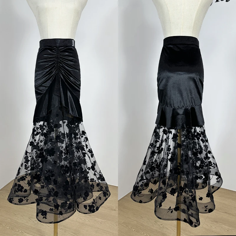 

Сексуальная черная длинная юбка для бальных танцев, женская одежда для взрослых с запахом на бедрах, кружевная газовая юбка для вальса, тренировочная одежда для выступлений NV20015