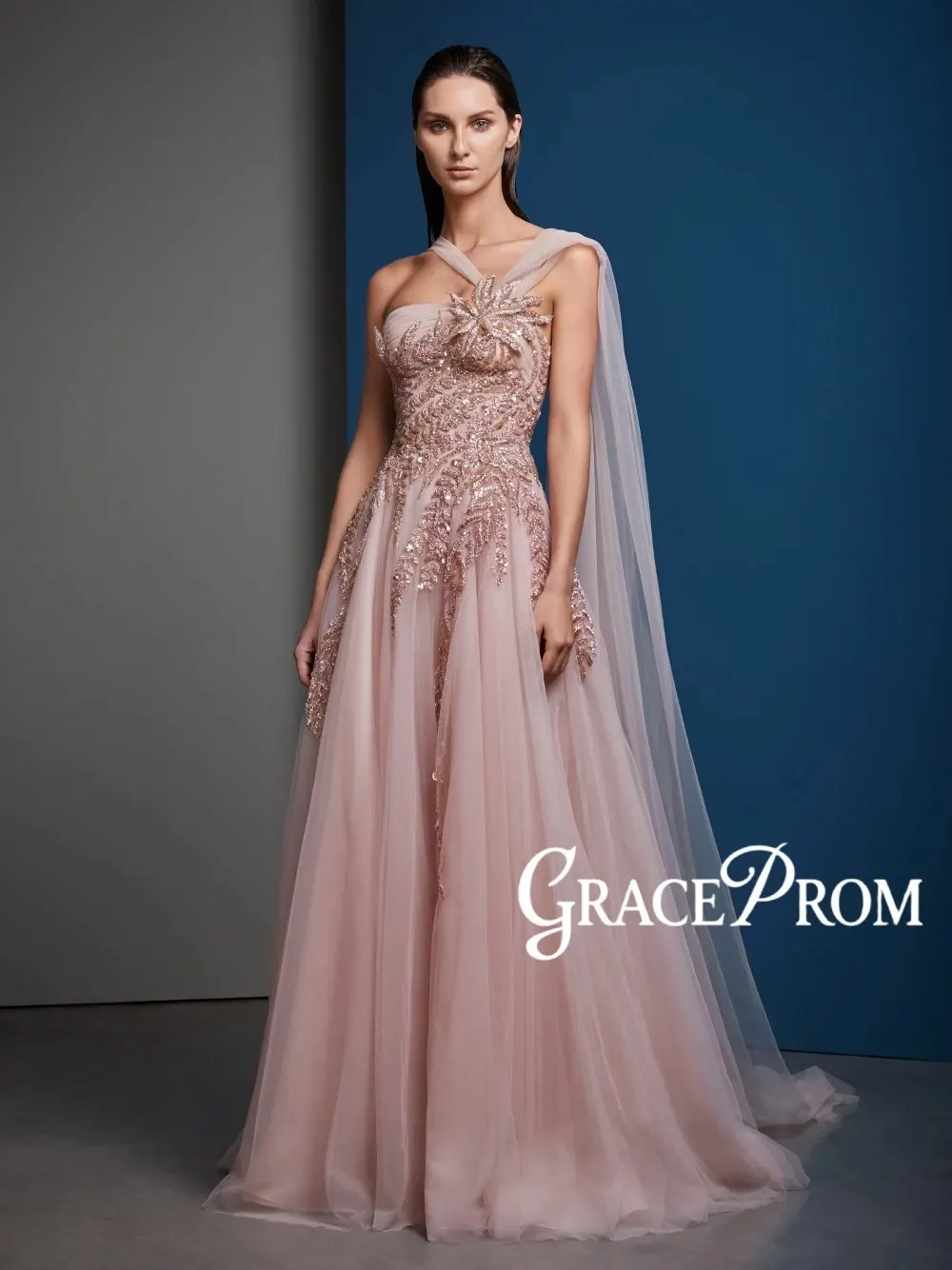 

Blush Pink One Shoulder A Line Evening Dress Beaded Sequin Customized Prom Gown With Cape Fairy Wedding Guest Gala Pageant Wear