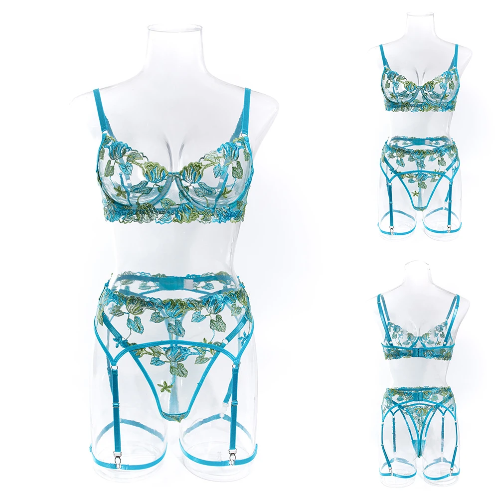 Soutien-gorge transparent en dentelle brodée de style français pour femmes, lingerie confortable, mode sexy, ensemble 3 pièces, Y2K, 2024