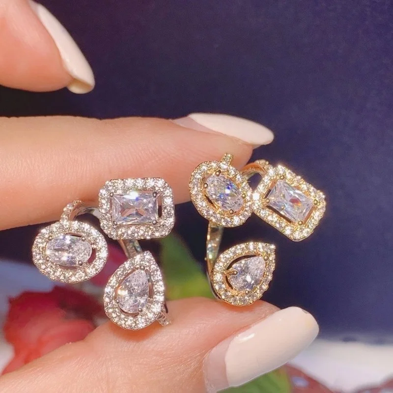 RAKOL Fashion Geometric Cubic Zirconia Open Rings for Women Fashion Square Adjustable Ring Anniversary Party Jewelry Gift