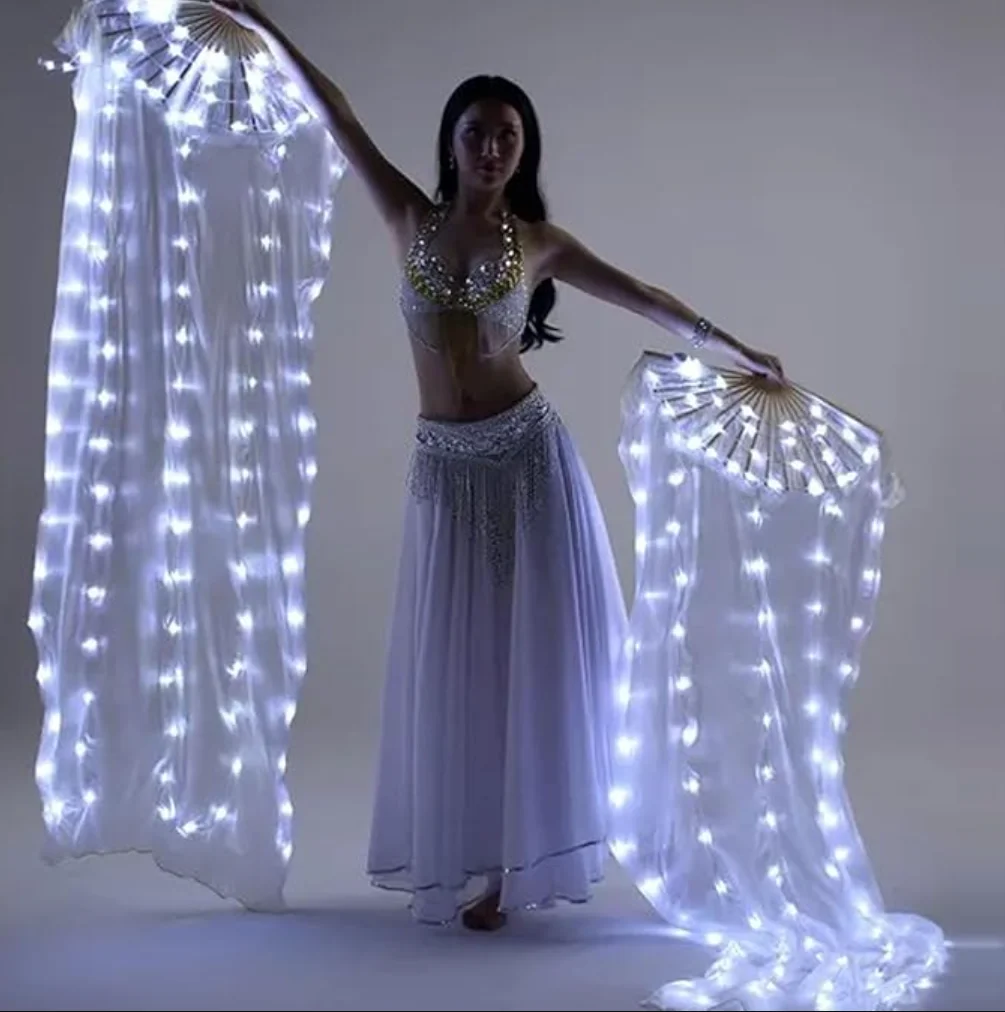جديد الأبيض 1 زوج LED مروحة الحجاب الرقص الشرقي 100% الحرير مروحة الرقص الحجاب توهج الثناء مصباح ليد يصل العرض