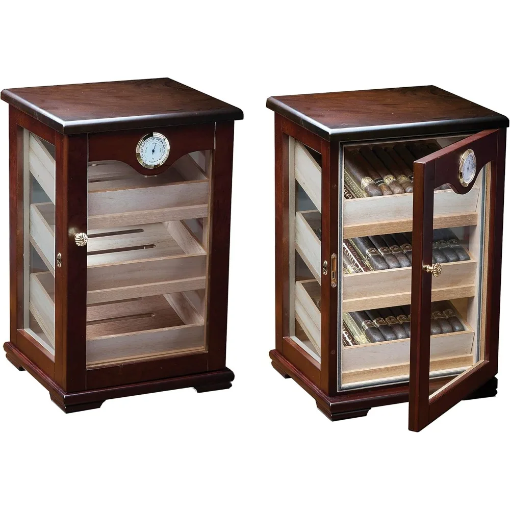 Milano Countertop Display Cigar Humidor With 4 Glass Sides & Angled Trays - Up to 125 Cigar Capacity - Finish: Dark Mahogony