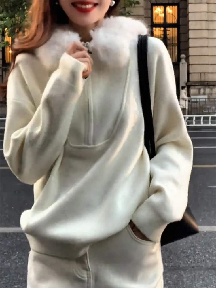 

Korean Sle Lazy Feel Fur Collar Hooded Knitwear Women's plus Size Autumn Winter New Arrival Slimming Top Warmth Heating