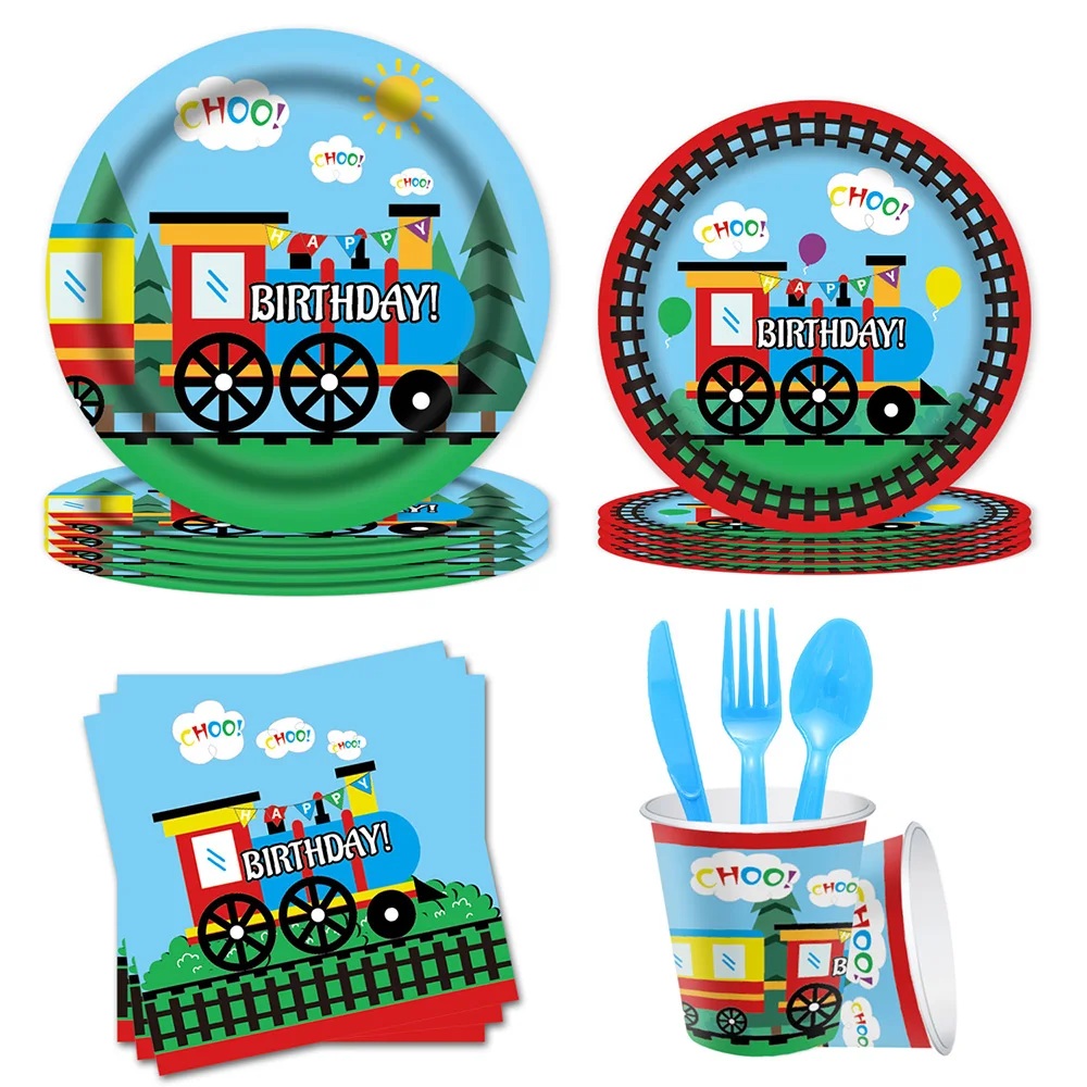 Train Party Decor Balloon Tableware Paper Plates Cup Napkins Aboard Railroad Cars Kid Birthday Dinnerware Trains Balloon Supplie