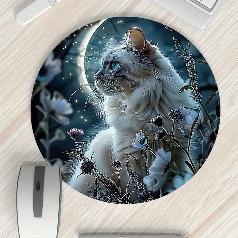 Round Cat Design Mouse PadDurable Non-Slip Gaming Mousepad Office Study Desk Accessory Desk Mat Mousepad Setup Computer Table