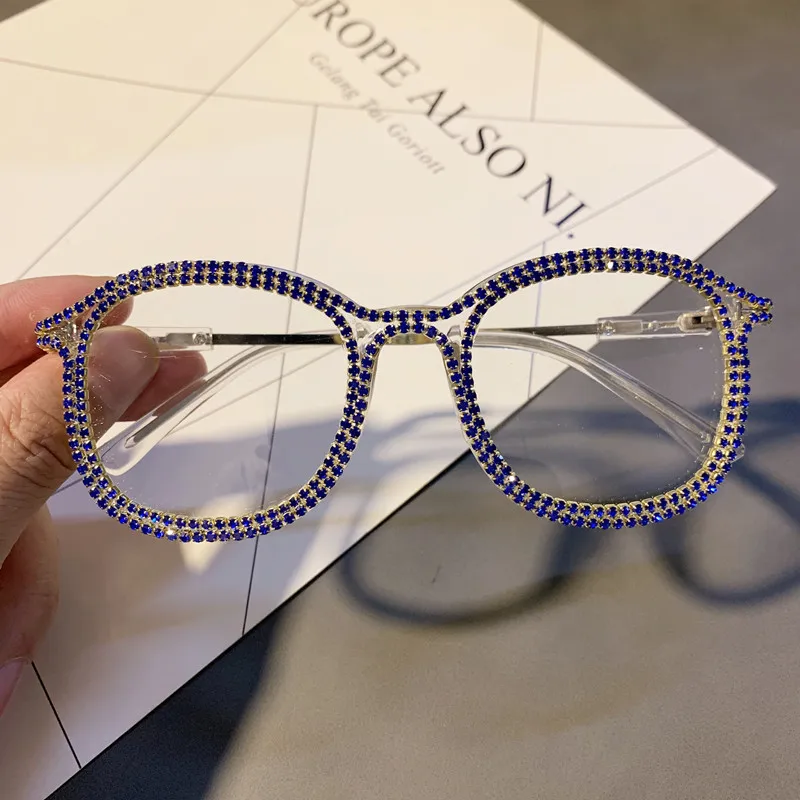 Fashion Rhinestone Farsighted Reading Glasses Women Clear Round Anti Blue Light Prescription Computer Glasses Diopter 0 to +6.0