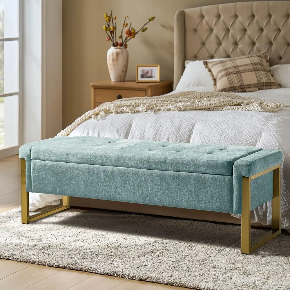 Storage Ottoman Bench with Gold Metal Legs holstered Footrest EndofBed Bench with Hidden Storage, Hallway and Entryway Sage