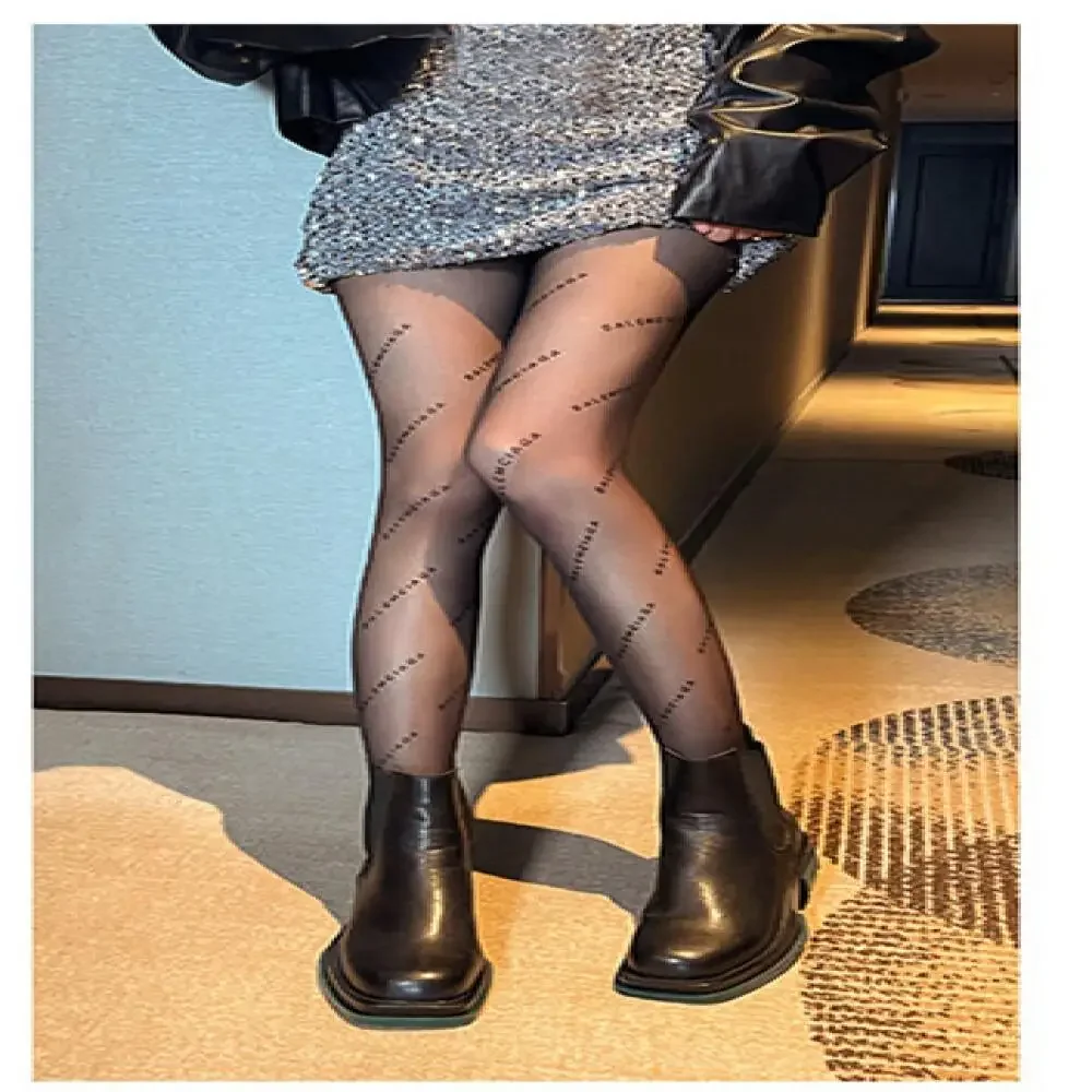 Text-Print Spring Summer Sheer Silk-Like Dark Tights Parisian Alluring Chic Trendy Hosiery Snag-Free Fashionable Thin Pantyhose