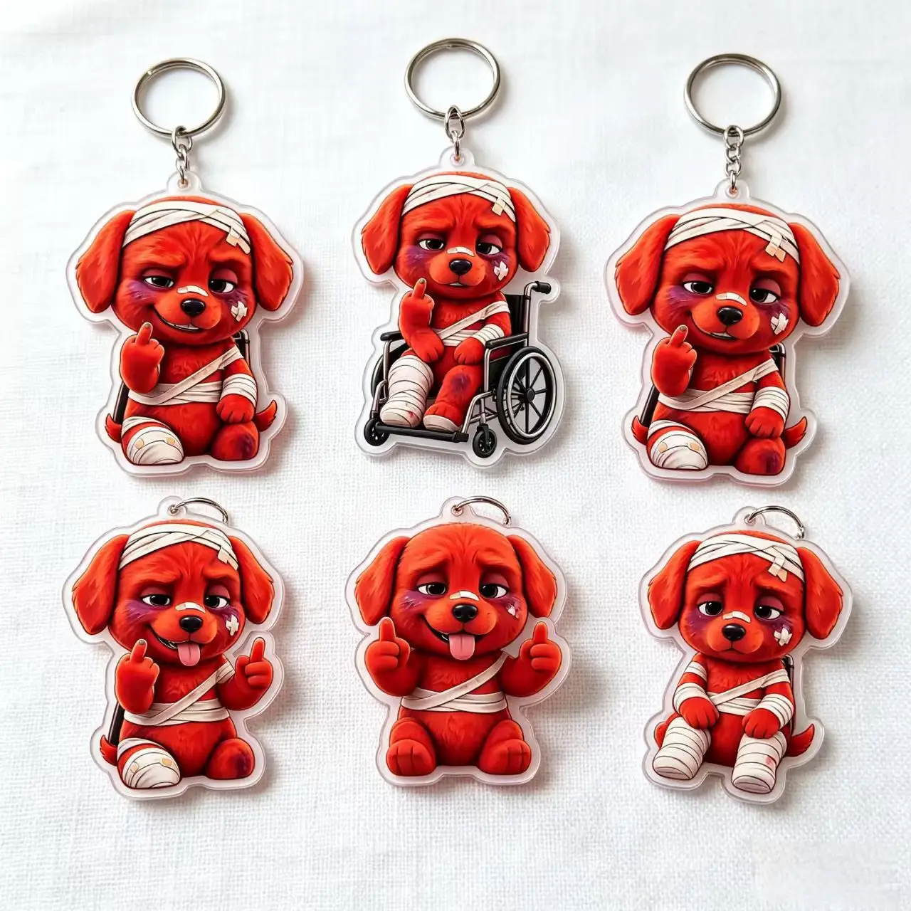 Chicky Cute Red Cartoon Dog Acrylic Keychain Injured Bandage Puppy Bag Pendant Chicky Meme Middle Finger Trend Meme Ornament