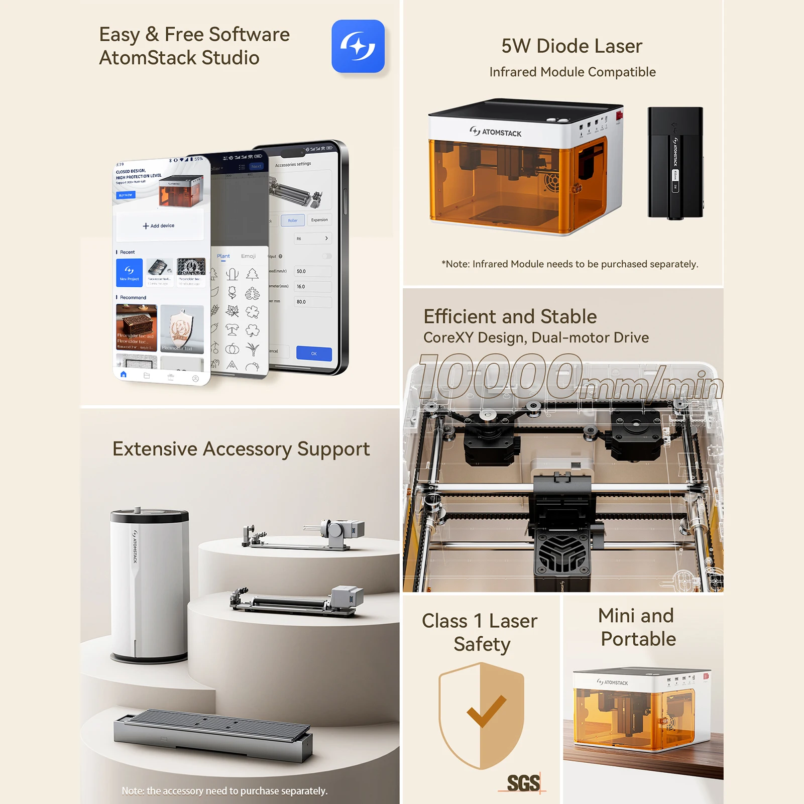 AtomStack P1 5W Laser Engraver أقصى سرعة نقش 10,000 مم/دقيقة سريعة التركيز مجانًا وسهلة الاستخدام مع برنامج Atomstack 1