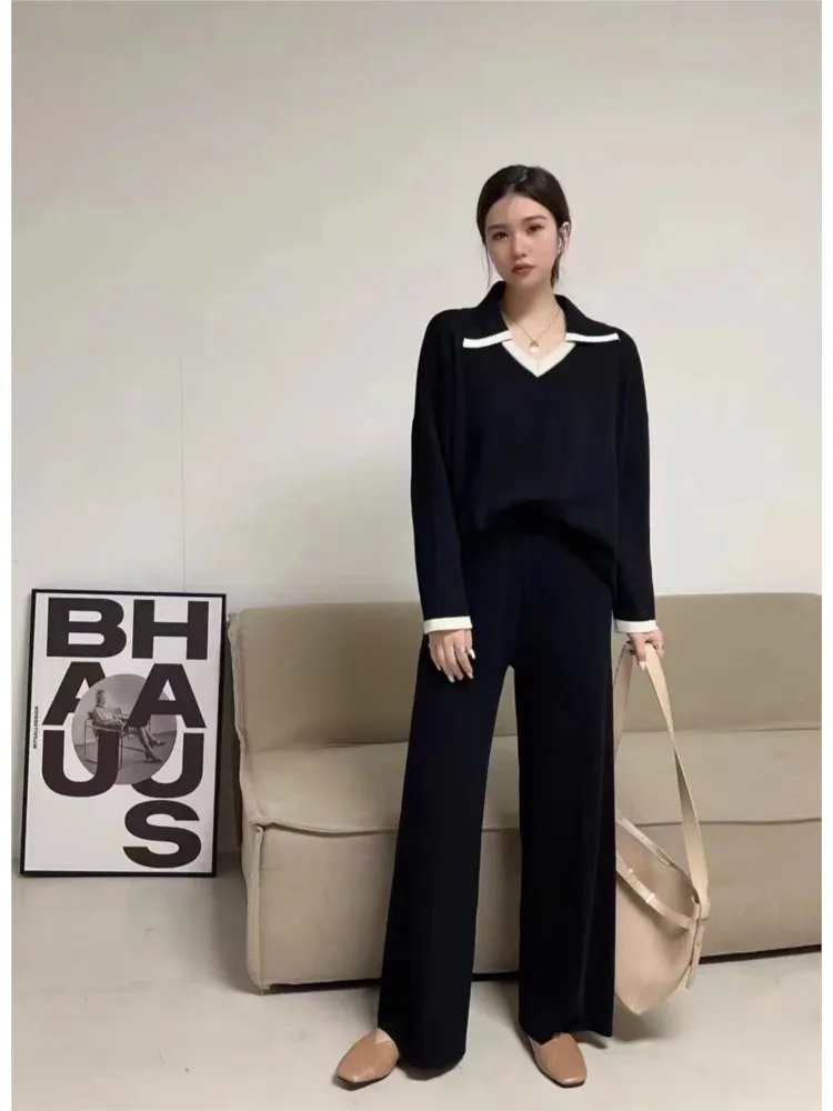 Summer 2 Two Piece Set Women V-Neck Fashion Long Sleeve Ladies Blouses Casual Loose Pleated Wide Leg Korean Woman Wide Leg Pants