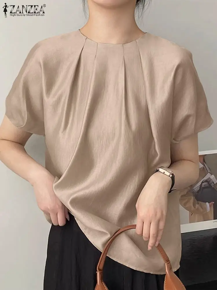 ZANZEA Elegant Office Pleated Top 2024 Summer Women Cotton Short Sleeve Blouse Peplum Blusas Round Neck Tunic Casual Loose Shirt