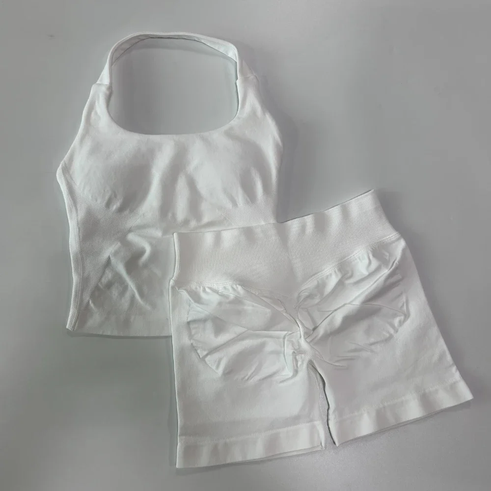 No Logo 2-delige sportset dames, rugloze tanktops, high waist scrunch naadloze shorts, gymset, sportkleding, workoutset, yoga