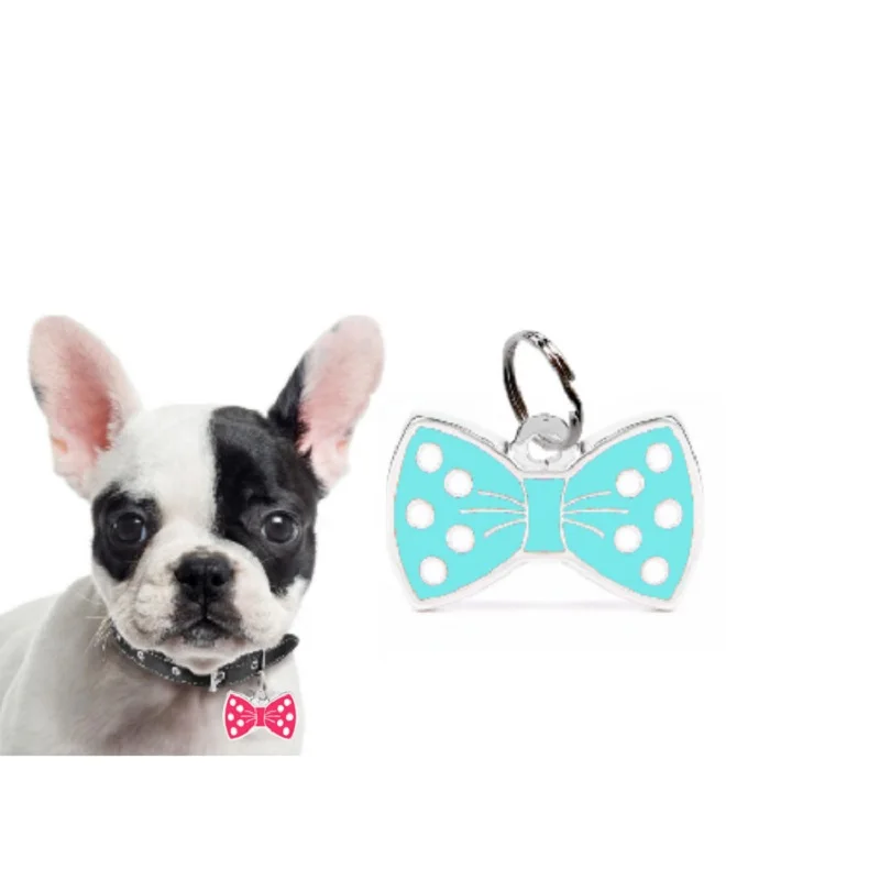 علامات معرف الحيوانات الأليفة الفولاذ المقاوم للصدأ Bowknot الكلاب علامة مجانية مخصصة لمكافحة خسر القطط معرف العلامات شخصية الحيوانات الأليفة قلادة سلسلة مستلزمات الحيوانات الأليفة