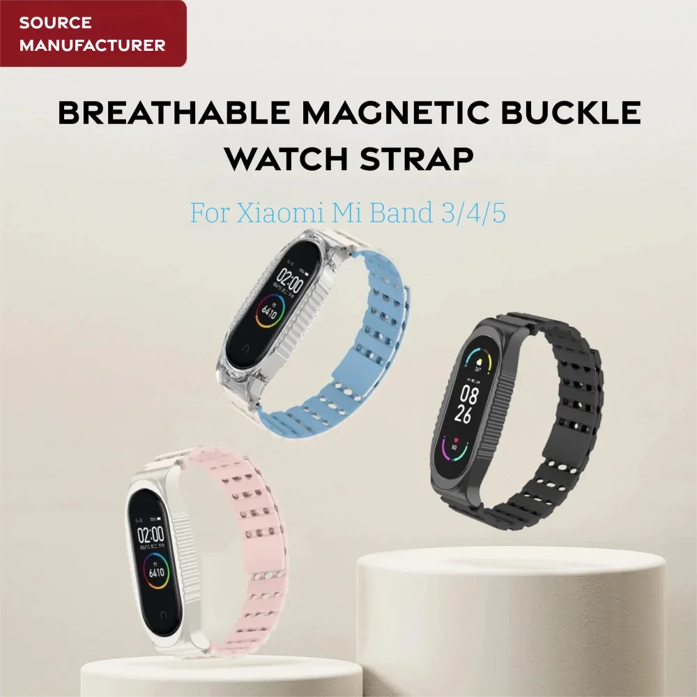 For Xiaomi Band 3/4/5 Air Hole Silicone Magnetic Watch Strap Quick Release Durable Breathable Sport Smartwatch Band Men Women