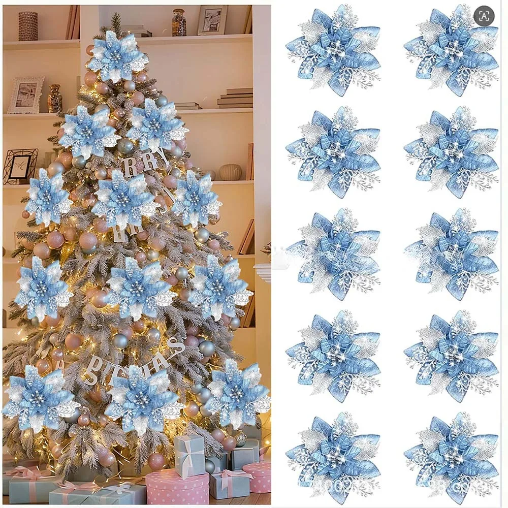 6/12 قطعة بريق زهور عيد الميلاد شجرة عيد الميلاد زهرة اصطناعية الحلي عيد الميلاد الديكور للمنزل 2025 نافيداد الزهور ديكور #1