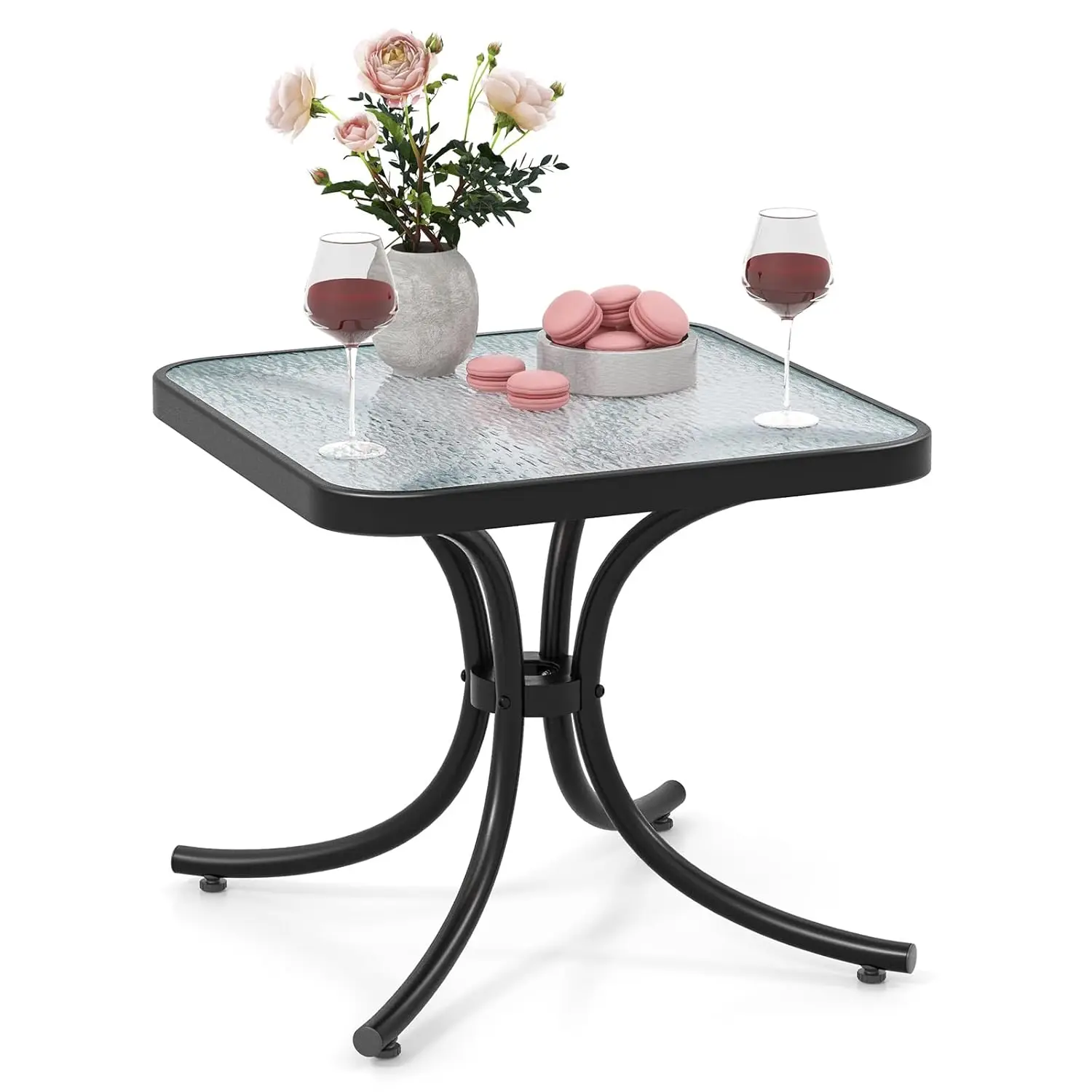 

Outdoor Side Table, 20 Inches Square End Table with Tempered Glass Top, Metal Frame, Small Patio Table for Garden,, Customized