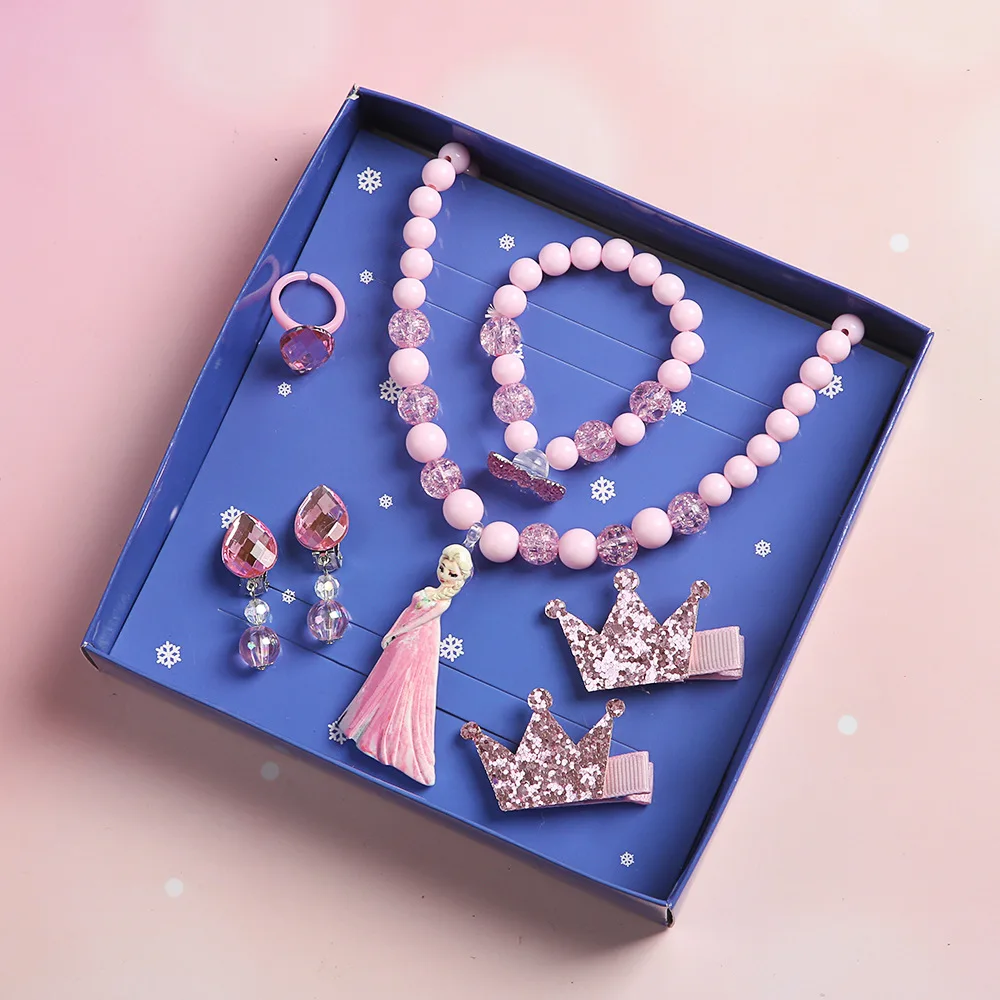 Disney Princess Necklace Hairpin Gift Box Set Cartoon Princess Elsa Bracelet Ring Earrings DIY Cosplay Decoration one piece