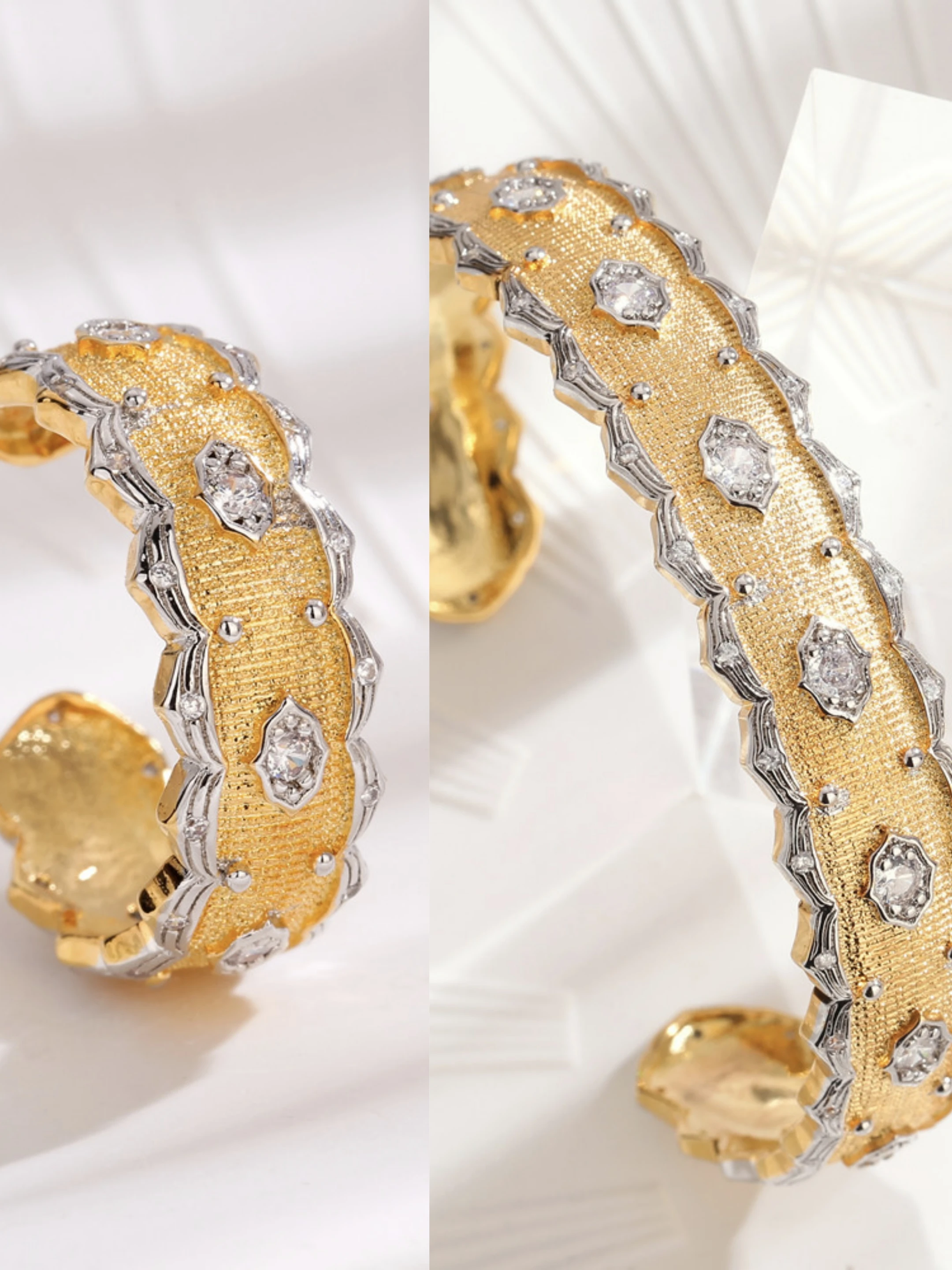 

Genuine Italian Craft Rigato Tulle Bangle/Finger Band Jewelry Set Two-tones Honeycombing 925 Silver Cuff Bracelet/Cocktail Ring
