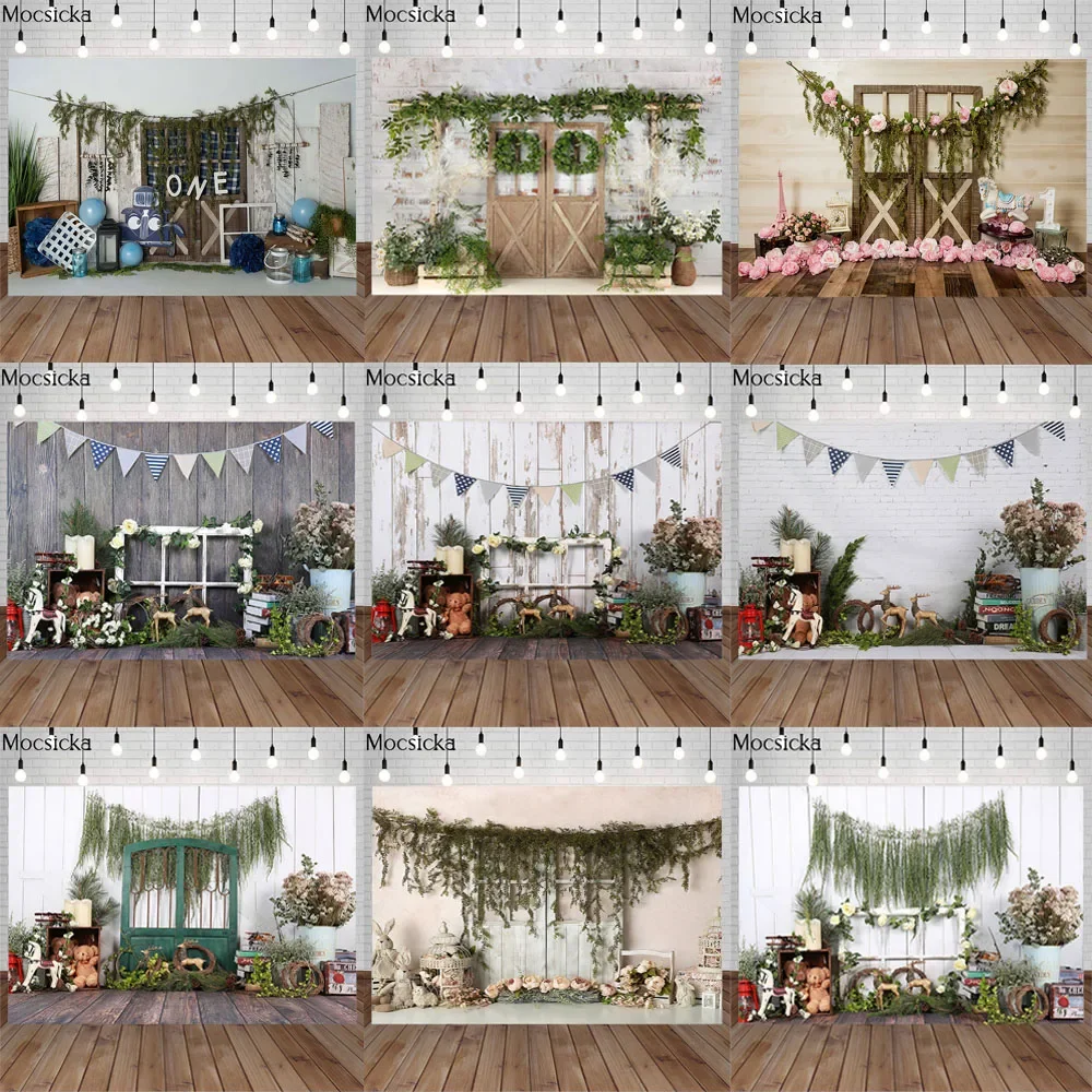 

Mocsicka Spring Wooden Door Photography Background Newborn Child Portrait Photo Birthday Party Backdrop Decoration Props Studio
