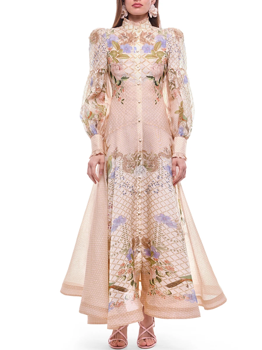 VGH Elegantes, fließendes Kleid mit Blumen-Gittermuster für Damen, Stehkragen, lange Ärmel, Rock mit Knopfakzenten für Gartenhochzeiten und Empfänge