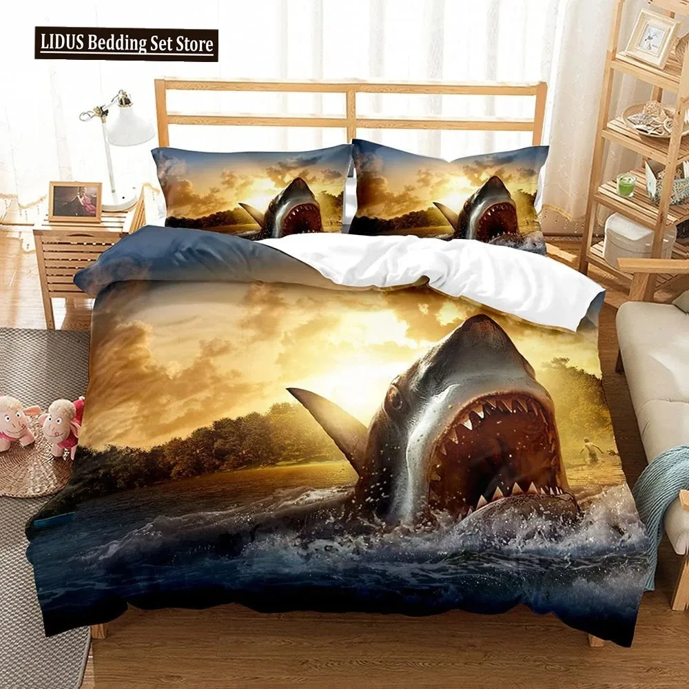 Deep Sea Shark Duvet Cover Set Black Shark Bedding Sets Underwater World Ocean Life Comforter Cover Set For Boys Men Queen Size