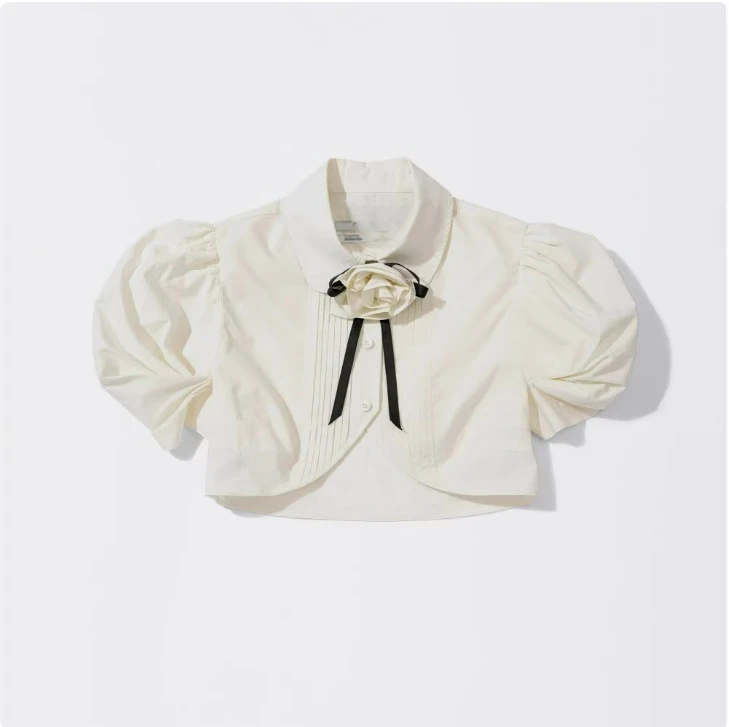 

3D Rose Decoration Puff Sleeves Ultra Short Sweet Cool Shirt Top for Women