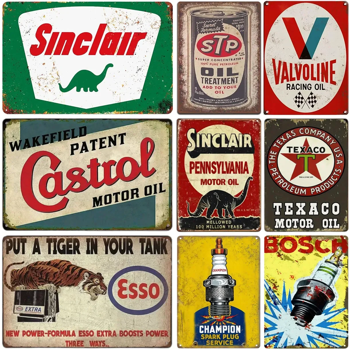 Vintage Sinclair, Castrol, Texaco, Esso Motor Oil Metal Tin Sign - Retro Gas & Auto Themed Wall Decor - Rustic Plaque for Garage
