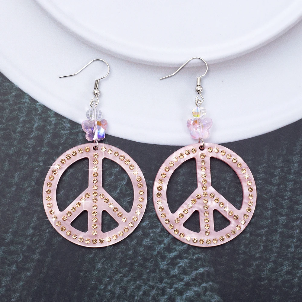

New Fashion Circle Inlaid Rhinestone Glass Butterfly Peace Logo Pink Acrylic Earrings For Women Trend 2025 Dangle Drop Jewelry