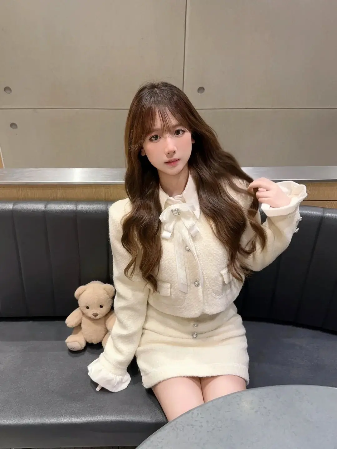 Autumn Winter Korean Style Two Piece Set Woman Casual Warm Chic Coat + Slim Fit Y2k Mini Skirt Party Elegant Female Shirk Suit