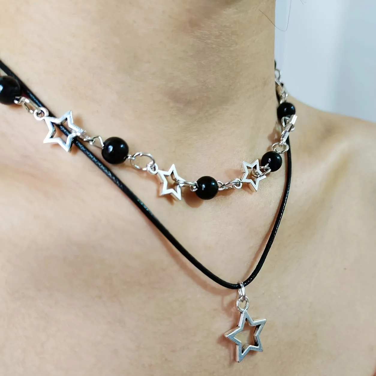 Fashion Double Layered Black Bead Star Choker Necklace Punk Pentagram Leather Rope Necklaces For Women Men