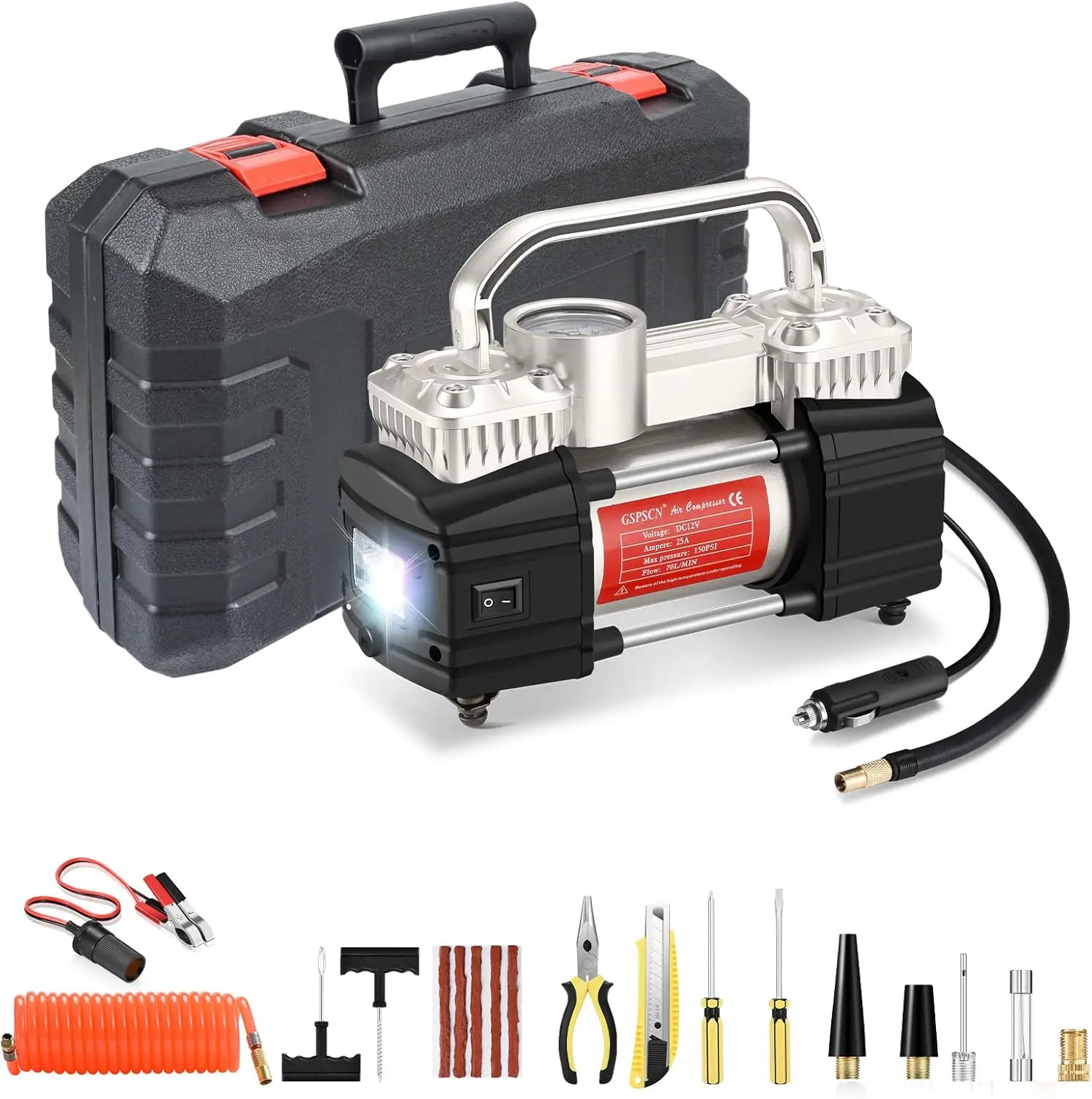 

Portable 12V Air Compressor Pump 150 PSI Dual Cylinder with LED Light & Repair Kit for Car, SUV, Truck - Silver