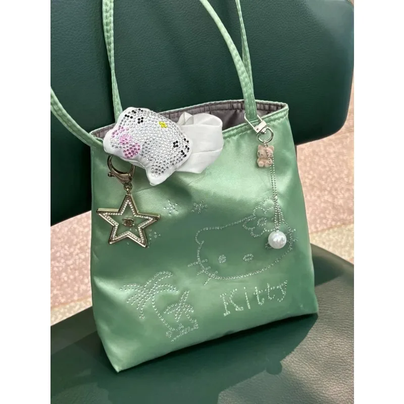 MINISO 2024 New European and American Retro Hello Kitty Hot Diamond Silk Face Shoulder Bag Women's Large Capacity Tote Bag