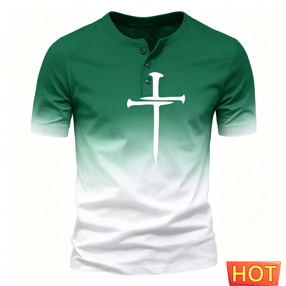 Summer Men's Henley Shirt Funny 3D Cross Gradient Print Tops Fashion Henry Collar Short Sleeve Tee Casual Loose T-shirt Clothing view 5