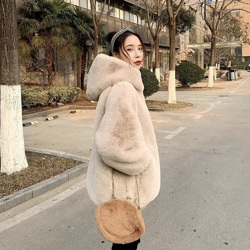 Winter Casual Solid Color Warm Overcoat Women Fashion Zipper Hooded Faux Rabbit Fur Jacket Woman Lazy Style Loose Faux Fur Coats