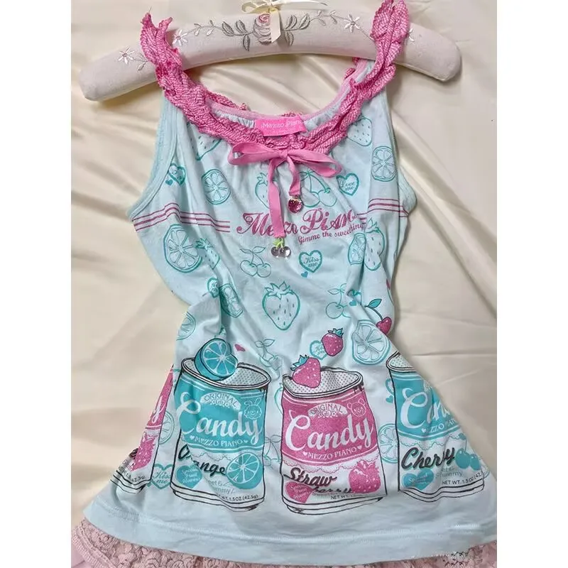 Kawaii Schleife Nähte Neckholder Weste Japanisch Niedlich Subkultur Grafikdruck Tank Top Damen Harajuku Slim Beliebtes Leibchen Y2k Top