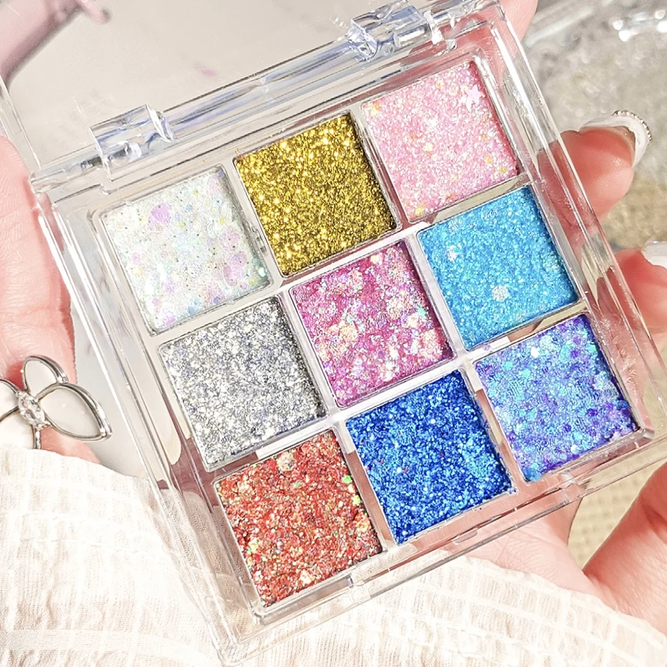 Palette di ombretti a 9 colori con paillettes glitterate - Glitter dorati ad alto pigmento, trucco per palcoscenici e feste, festival musicali/carnevali/Pasqua