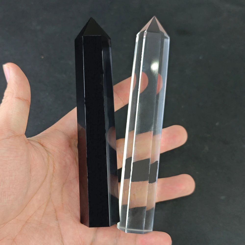 Natural Black and White Crystal Obsidian Fused Pillar Stone Spiritual Healing Hexagonal Obelisk Wand Spiritual Magic Furniture