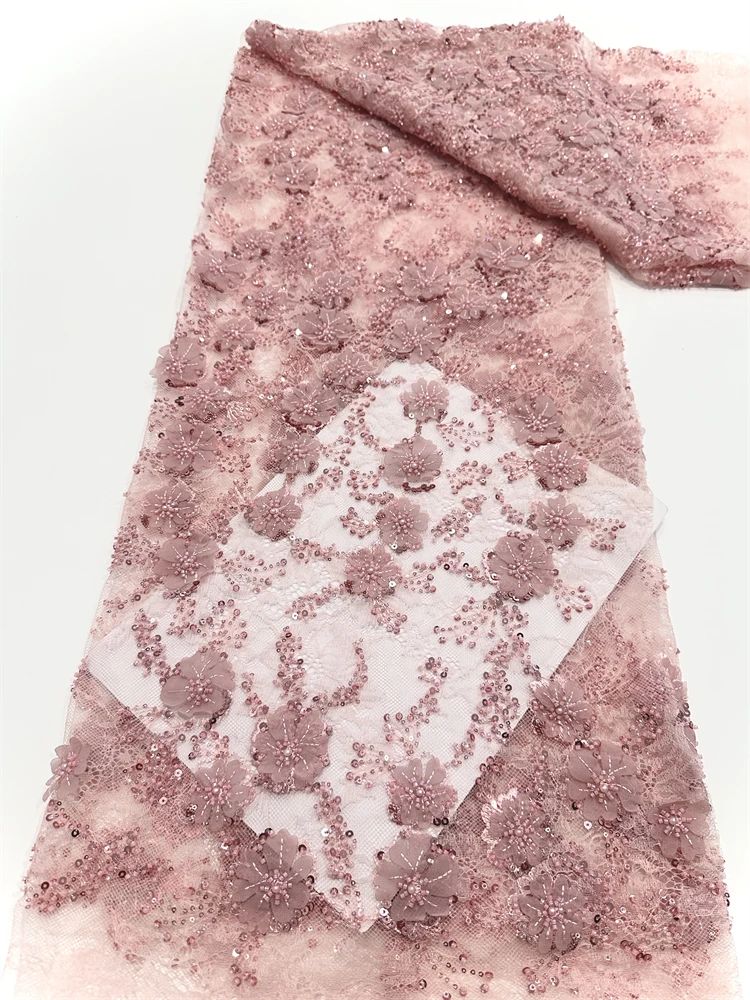 ナイジェリア 2025 新しい美容スカイブルーチュールレース生地パールビーズ高品質アフリカスパンコールフレンチウェディングドレス用